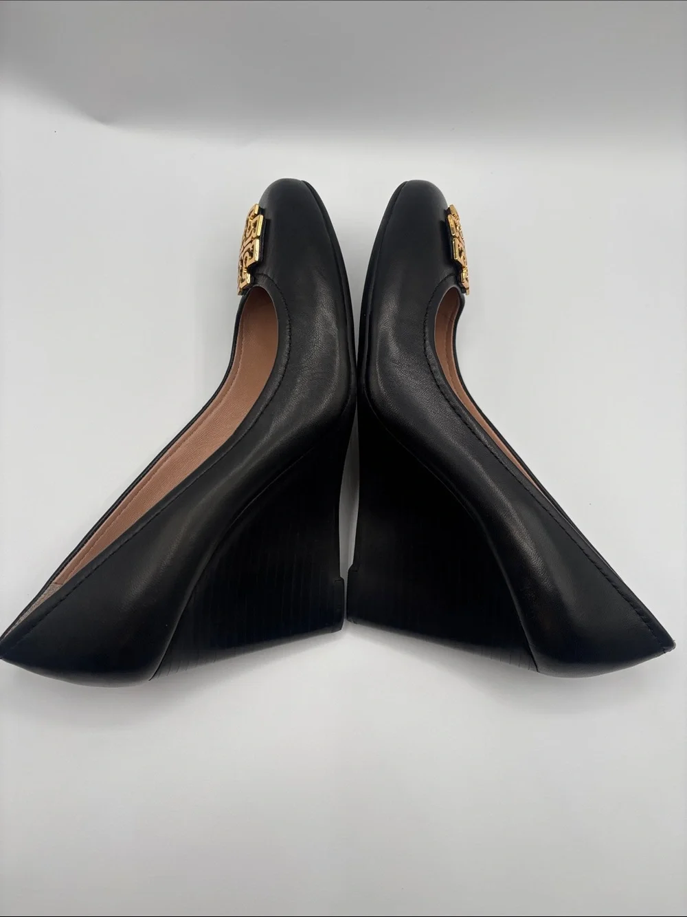 Tory Burch Black Leather Logo Wedges